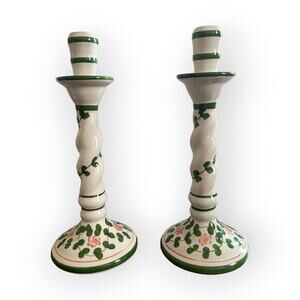 Set of two ceramic candlesticks hand painted, numbered and signed Portugal